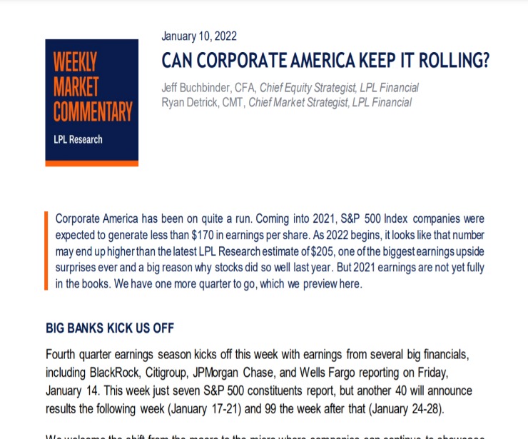 Can Corporate America Keep it Rolling? | Weekly Market Commentary | January 10, 2022